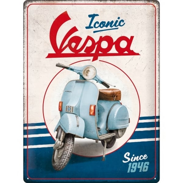 Blechschild mit Motiv Vespa - Iconic since 1946 Motorroller blau-weiss 