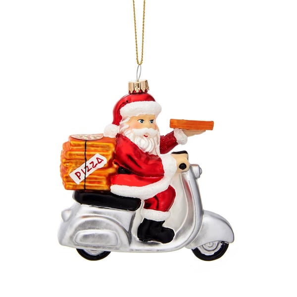 Christbaumschmuck mit Motiv Santa auf Motorroller mit Pizza rot-silber 
