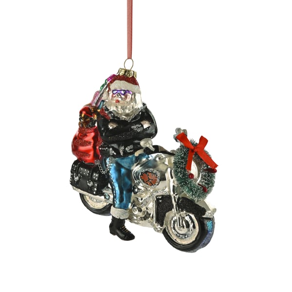 Christbaumschmuck mit Motiv Santa Rocker auf Motorrad schwarz-silber 